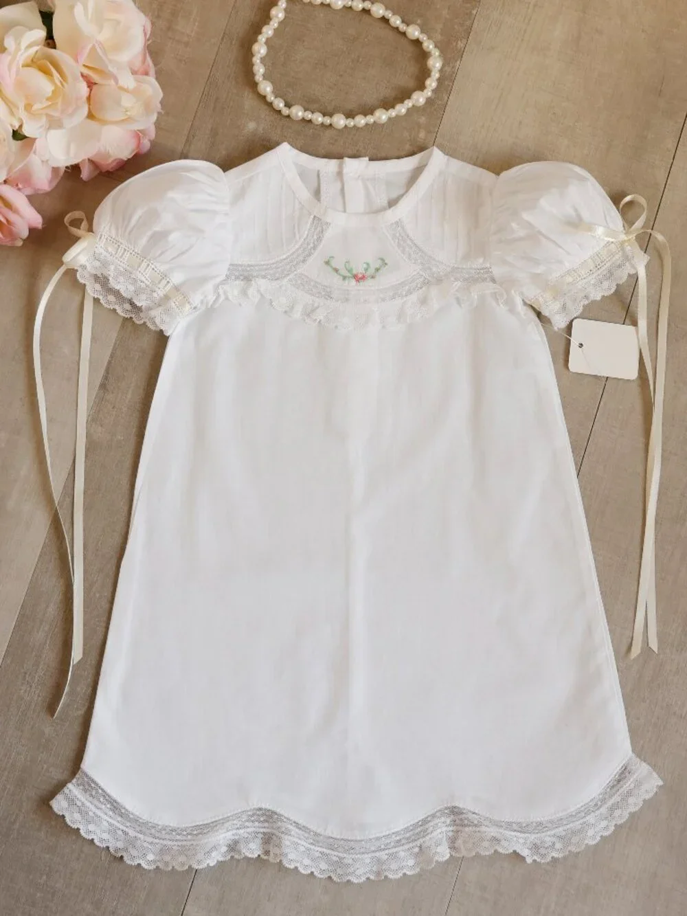 Newborn White Heirloom Cotton Dress/Gown Hand Embroidery Lace Inlay Portait - Picture 1 of 5